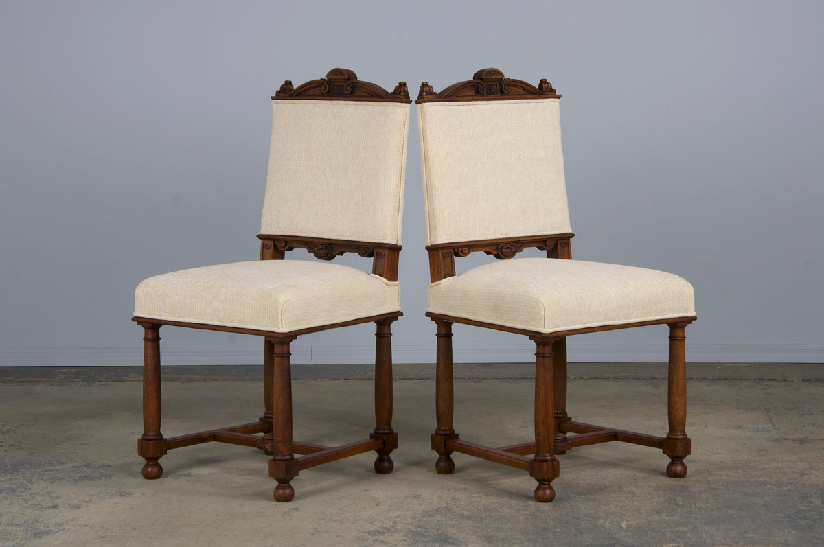 Antique French Napoleon III Style Walnut Dining Chairs W/ Cream Chenille - Set of 10