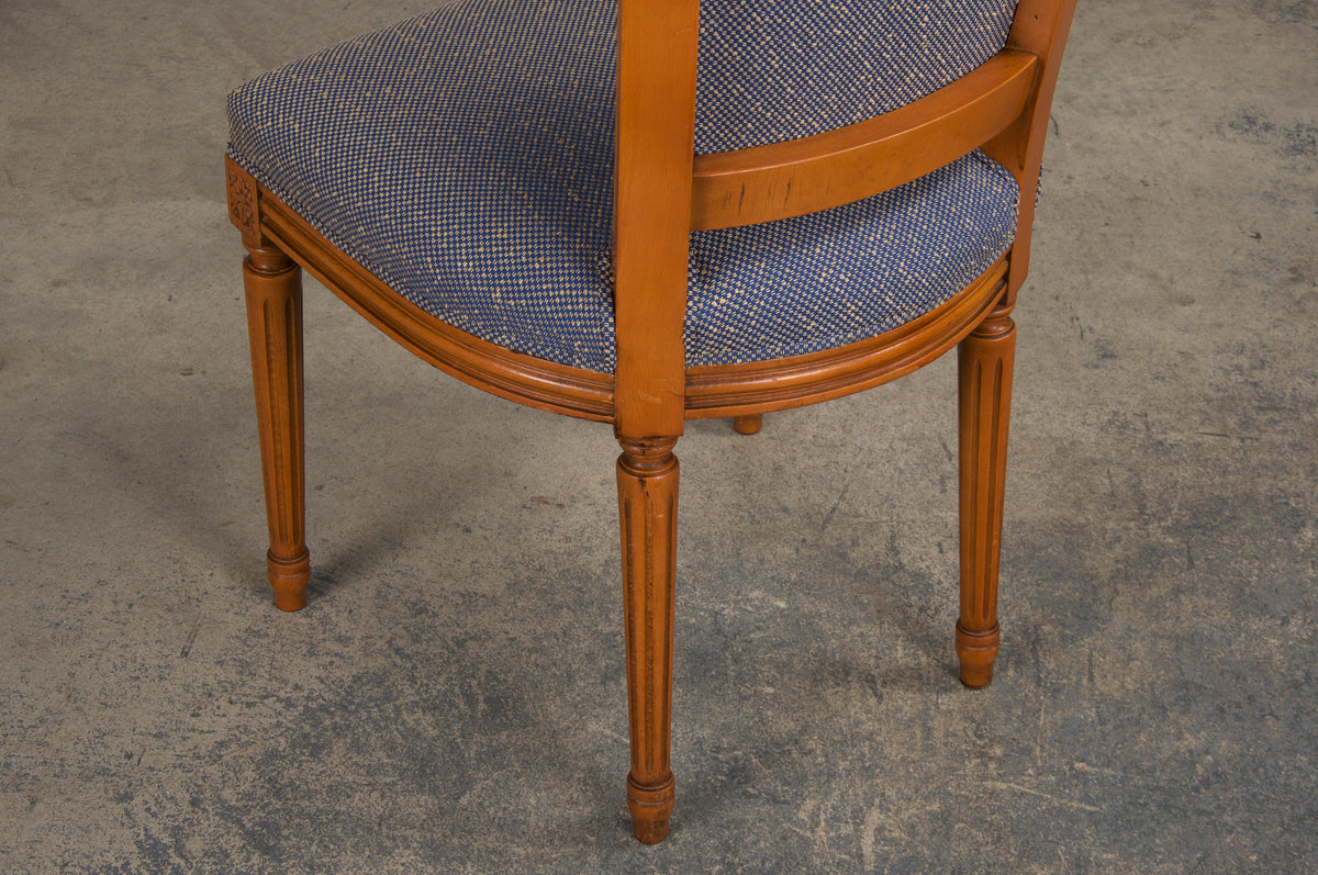 French Louis XVI Style Maple Dining Chairs W/ Blue Woven Fabric- Set of 6