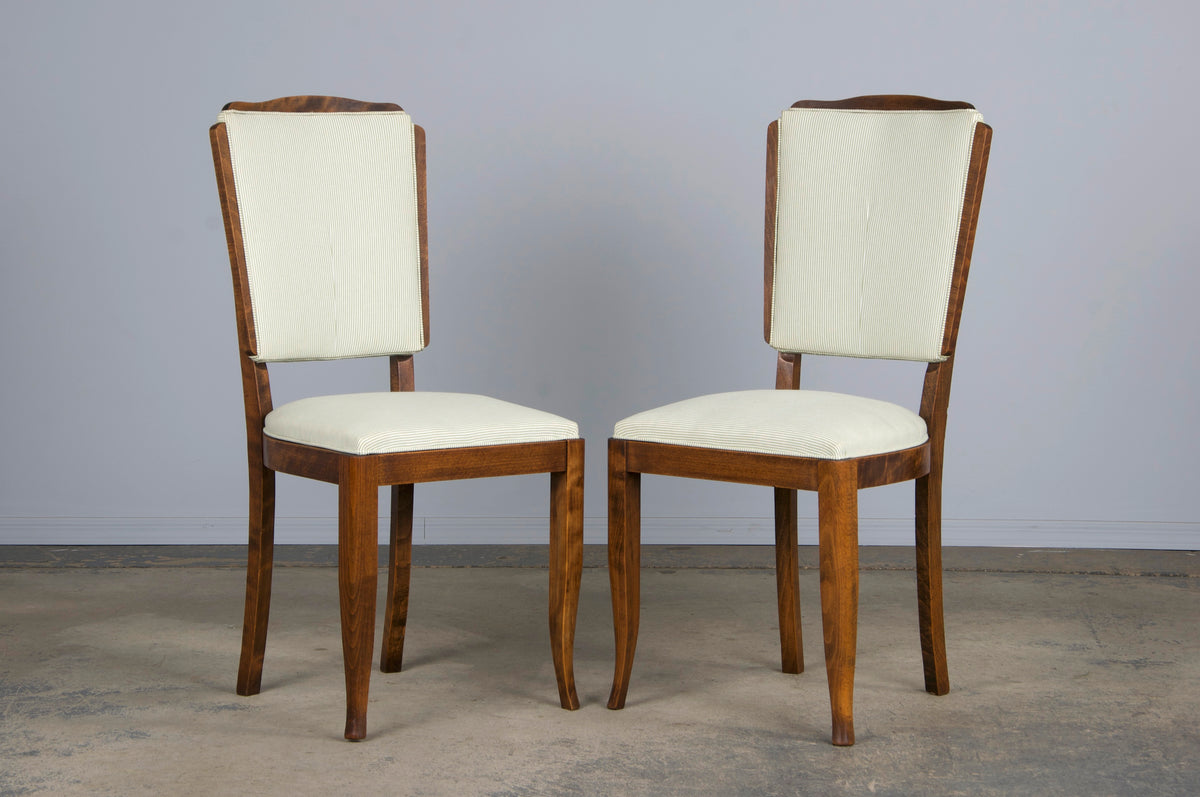 1930s French Art Deco Maple Dining Chairs W/ Striped White and Green Fabric - Set of 6