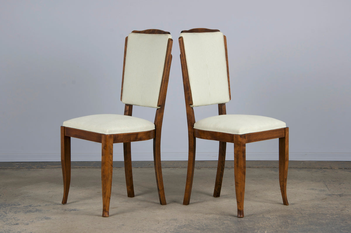 ON HOLD 1930s French Art Deco Maple Dining Chairs W/ Striped White and Green Fabric - Set of 6