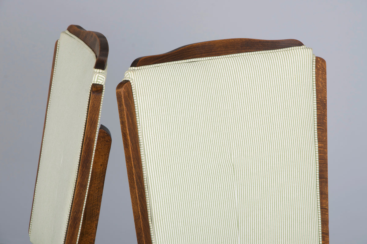 1930s French Art Deco Maple Dining Chairs W/ Striped White and Green Fabric - Set of 6