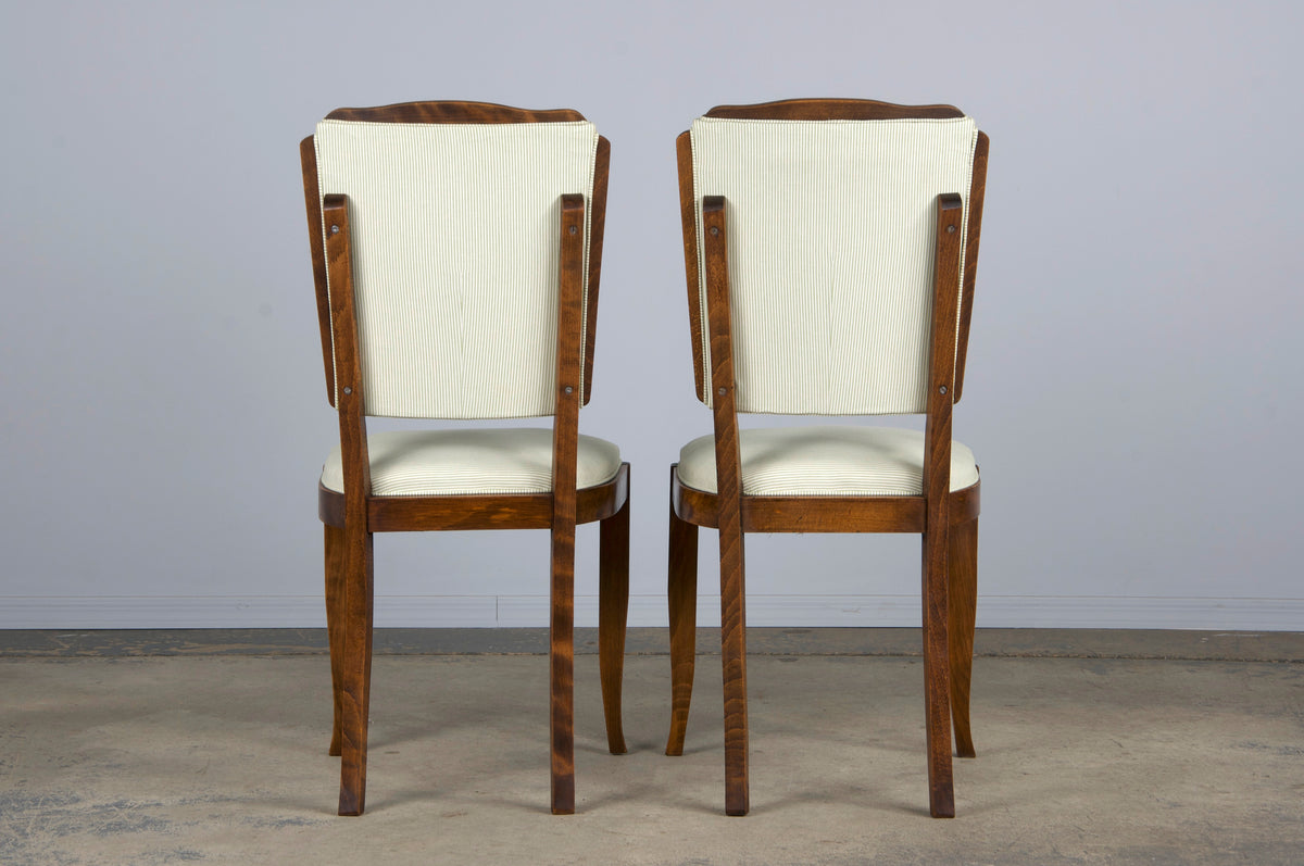 ON HOLD 1930s French Art Deco Maple Dining Chairs W/ Striped White and Green Fabric - Set of 6