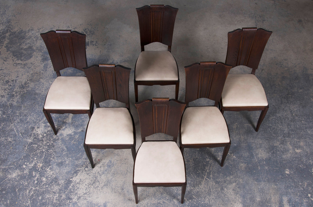 1930s French Art Deco Oak Dining Chairs W/ Cream Leather - Set of 6