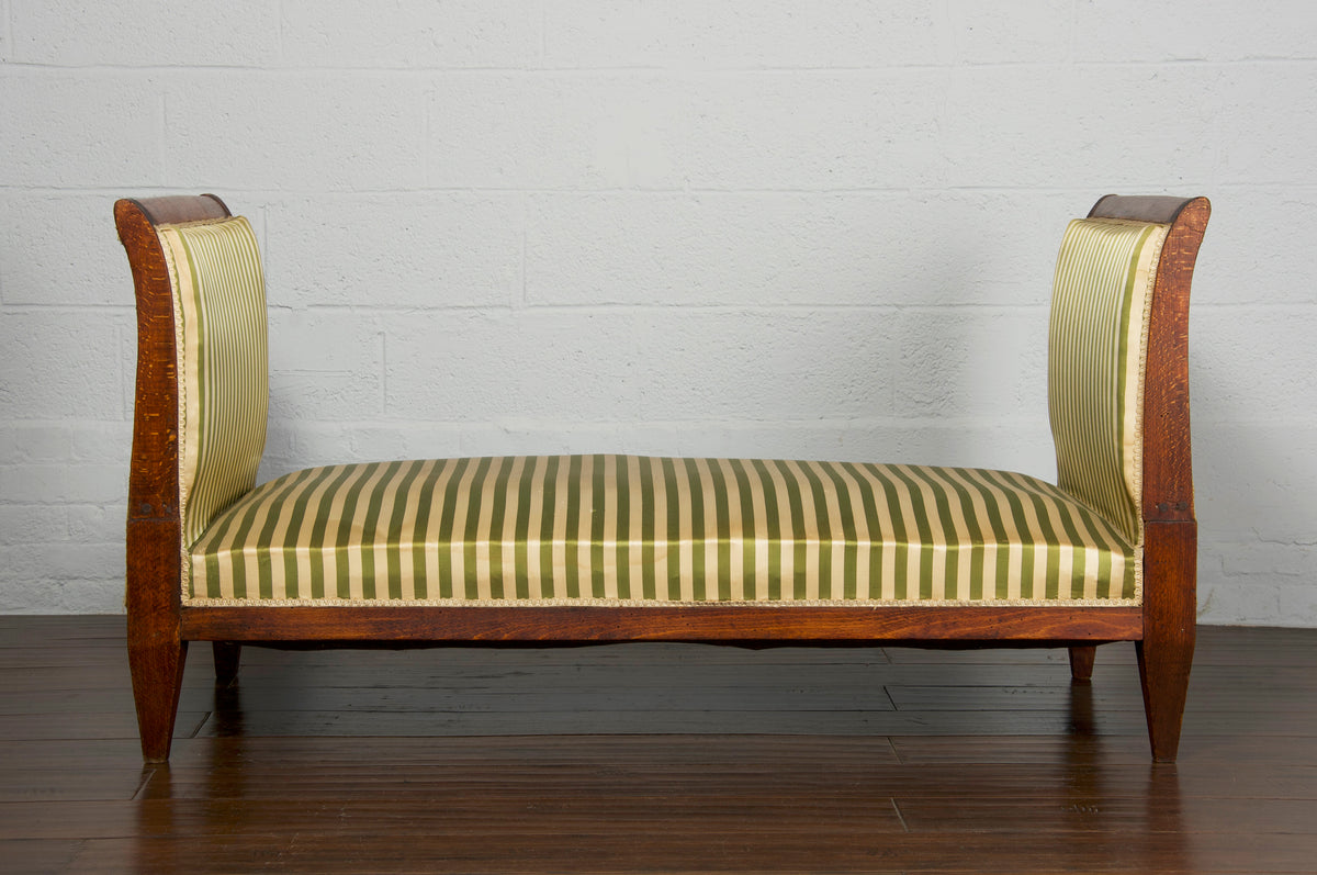 Antique French Directoire Style Oak Daybed W/ Striped Silk