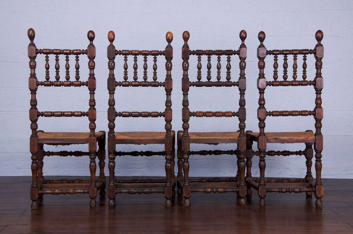 Antique French Renaissance Oak Ladder Back Rush Dining Chairs - Set of 4
