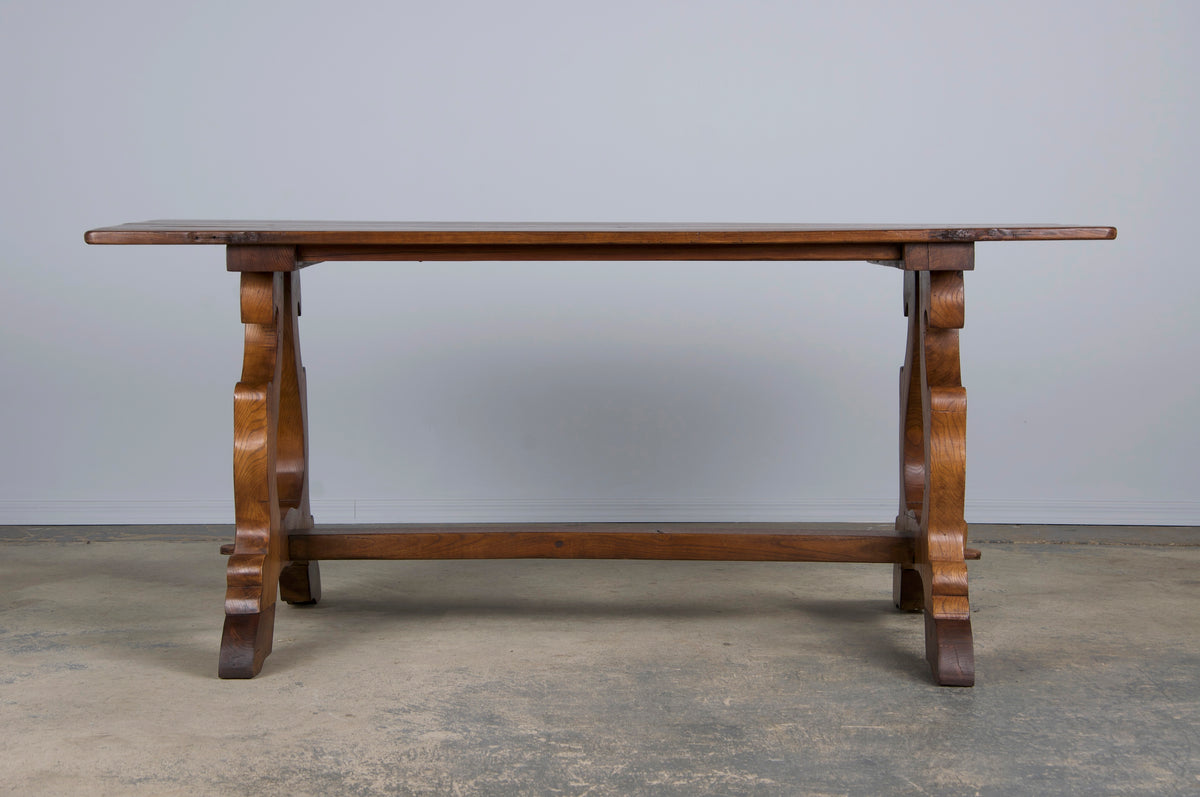 Antique Spanish Baroque Style Walnut Trestle Dining Table