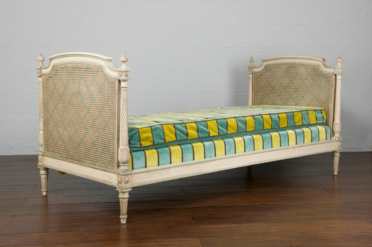 French Louis XVI Style Painted Provincial Cane Daybed W/ Striped Velvet