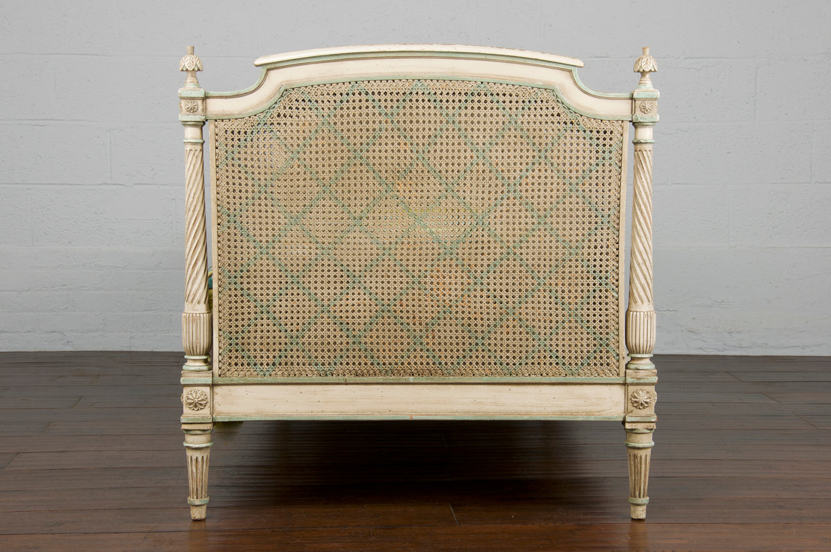 French Louis XVI Style Painted Provincial Cane Daybed W/ Striped Velvet