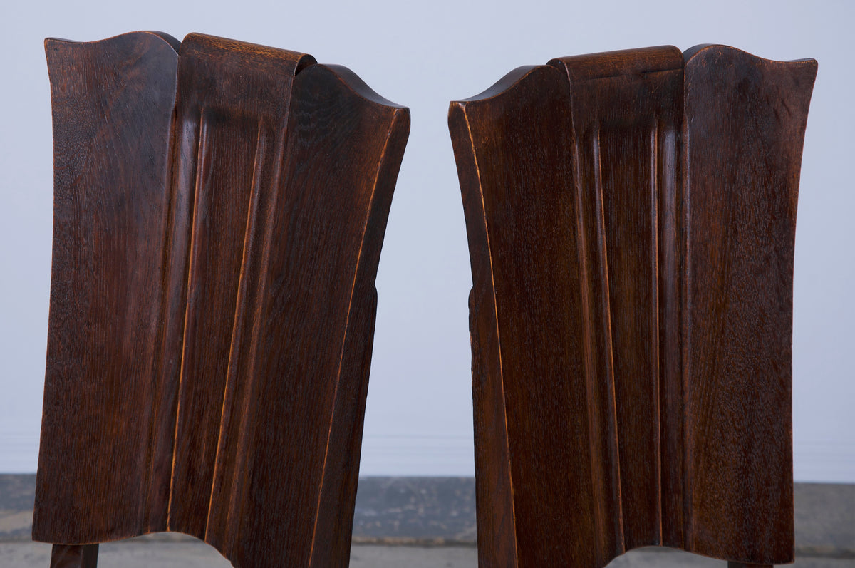 1930s French Art Deco Oak Dining Chairs W/ Cream Leather - Set of 6