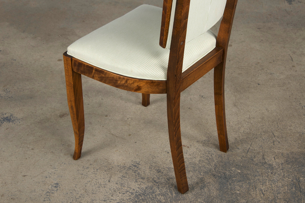 ON HOLD 1930s French Art Deco Maple Dining Chairs W/ Striped White and Green Fabric - Set of 6