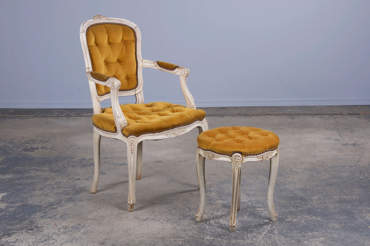 Antique French Louis XV Style Provincial Painted Armchair and Taboret W/ Golden Yellow Buttoned Velvet - A Pair