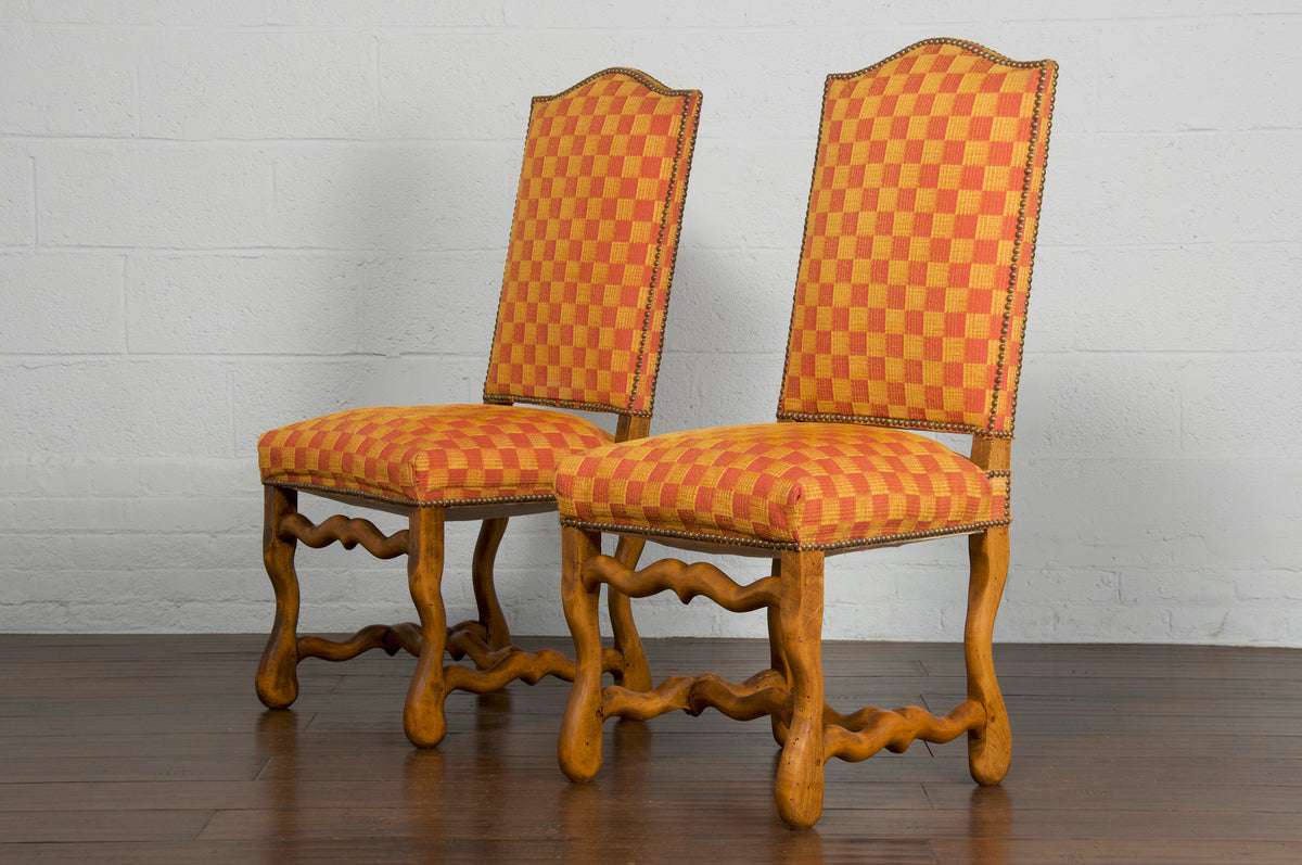 Antique Country French Louis XIII Provincial Os De Mouton Oak Yellow Orange Checkered Fabric Dining Chairs- Set of 6