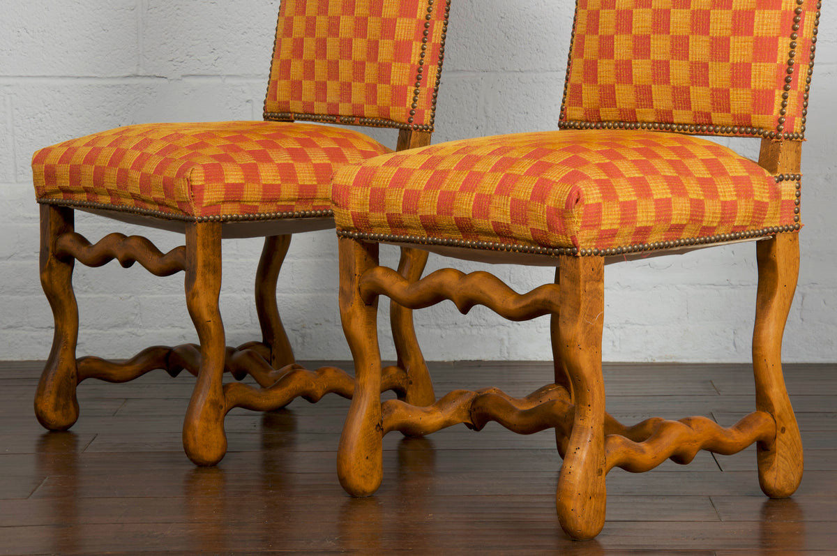 Antique Country French Louis XIII Provincial Os De Mouton Oak Yellow Orange Checkered Fabric Dining Chairs- Set of 6
