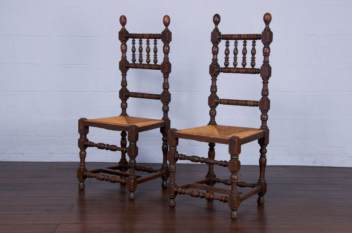 Antique French Renaissance Oak Ladder Back Rush Dining Chairs - Set of 4
