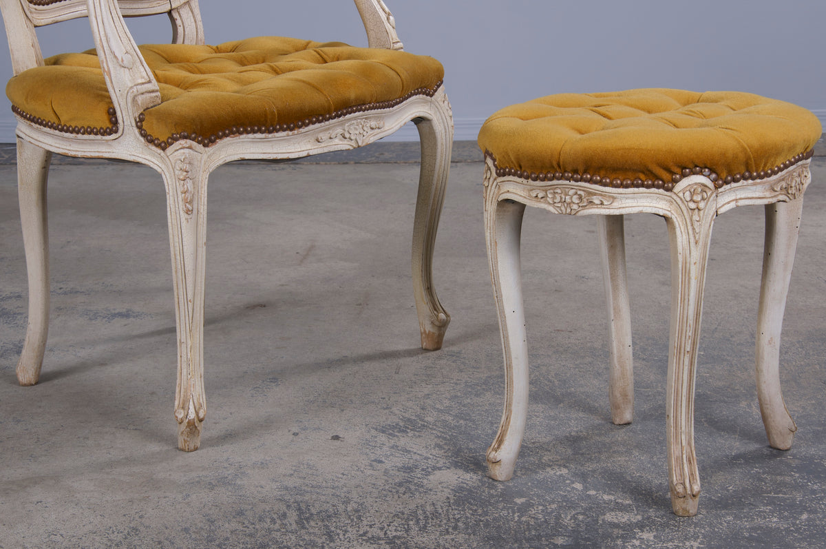 Antique French Louis XV Style Provincial Painted Armchair and Taboret W/ Golden Yellow Buttoned Velvet - A Pair