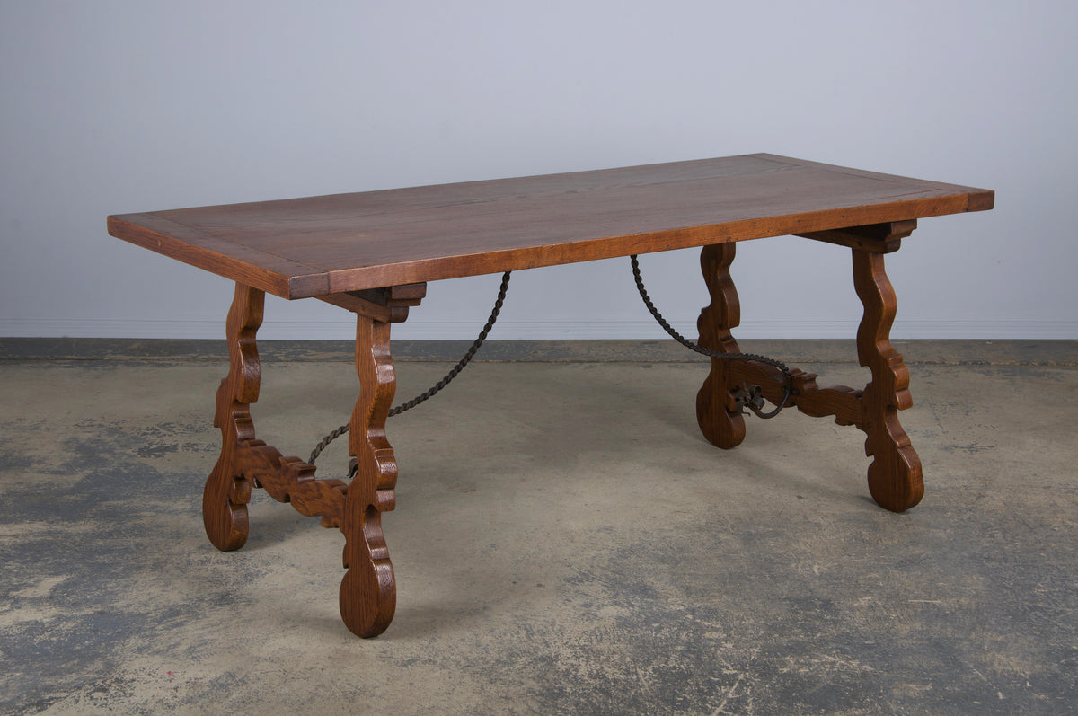 Antique Spanish Baroque Style Oak Dining Table W/ Wrought Iron Stretcher