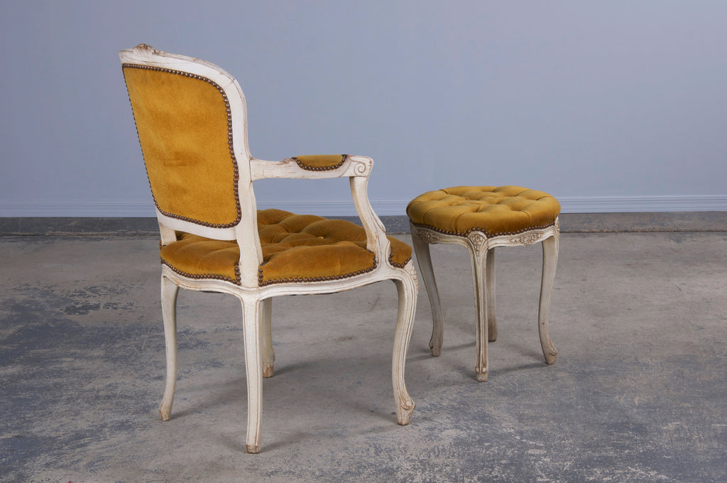 Antique French Louis XV Style Provincial Painted Armchair and Taboret W/ Golden Yellow Buttoned Velvet - A Pair