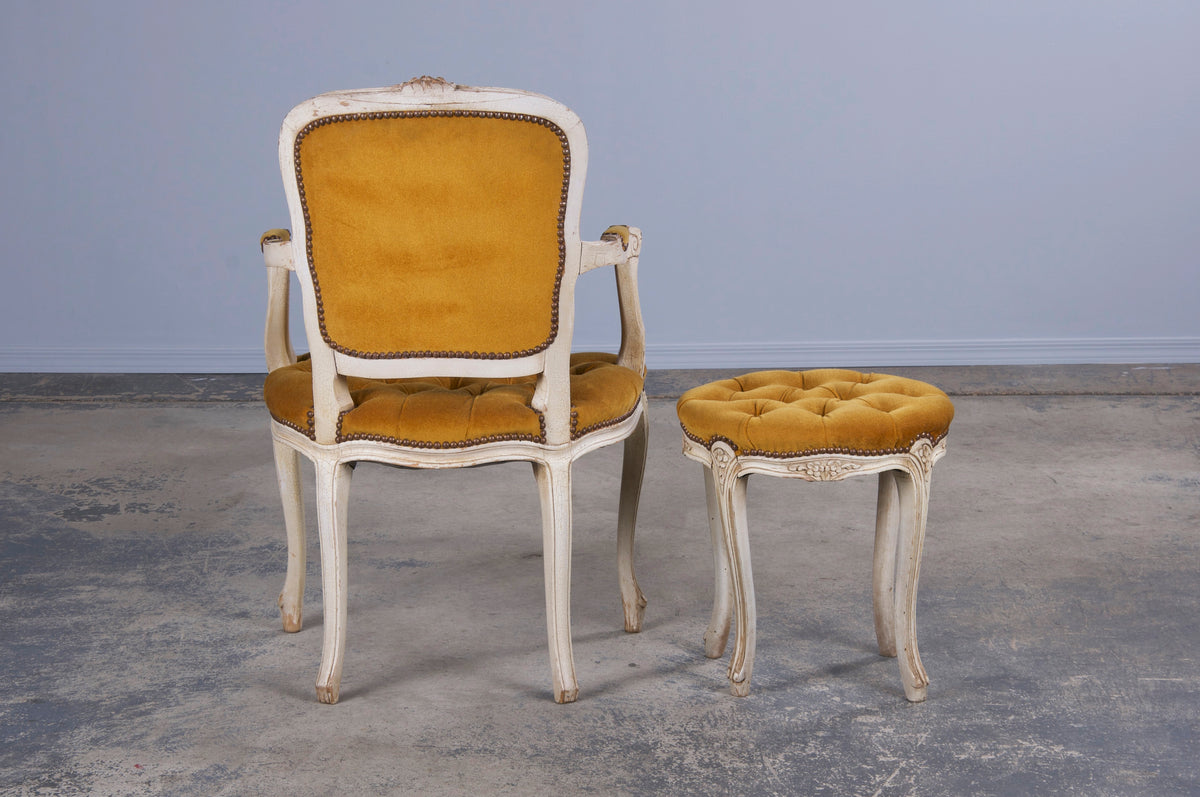 Antique French Louis XV Style Provincial Painted Armchair and Taboret W/ Golden Yellow Buttoned Velvet - A Pair