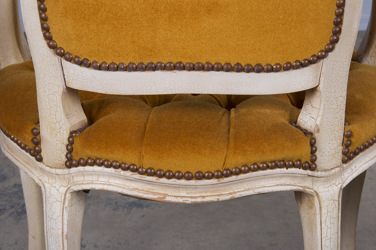 Antique French Louis XV Style Provincial Painted Armchair and Taboret W/ Golden Yellow Buttoned Velvet - A Pair