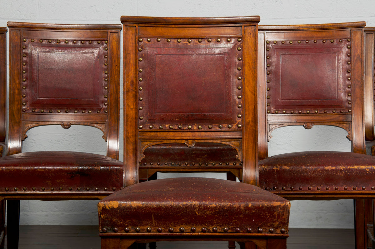 Antique French Renaissance Walnut Dining Chairs W/ Burgundy Leather - Set of 6
