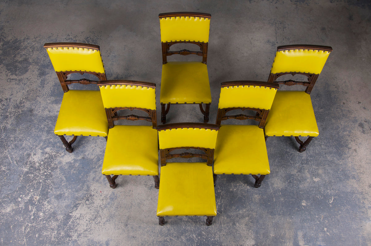 Antique French Henry II Style Walnut Dining Chairs W/ Yellow Vinyl - Set of 6