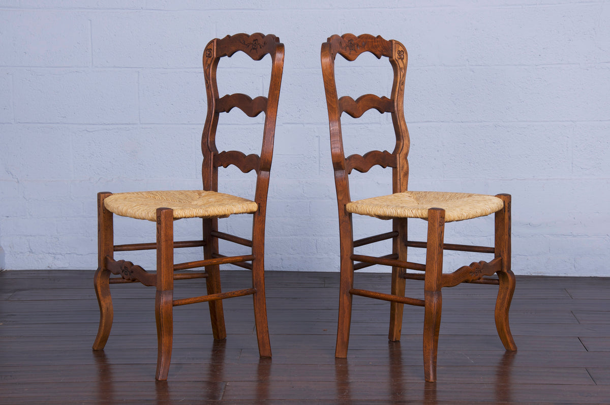 Antique Country French Provincial Ladder Back Maple Dining Chairs W/ Rush Seats - Set of 6