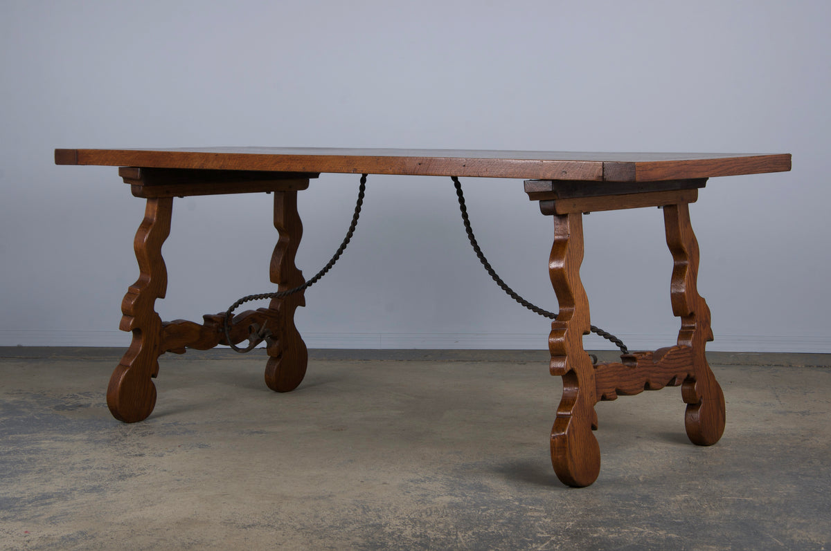 Antique Spanish Baroque Style Oak Dining Table W/ Wrought Iron Stretcher