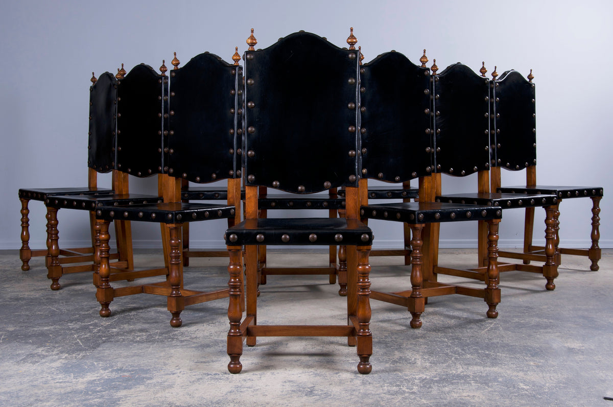 Spanish Baroque Style Black Leather Maple Dining Chairs - Set of 10