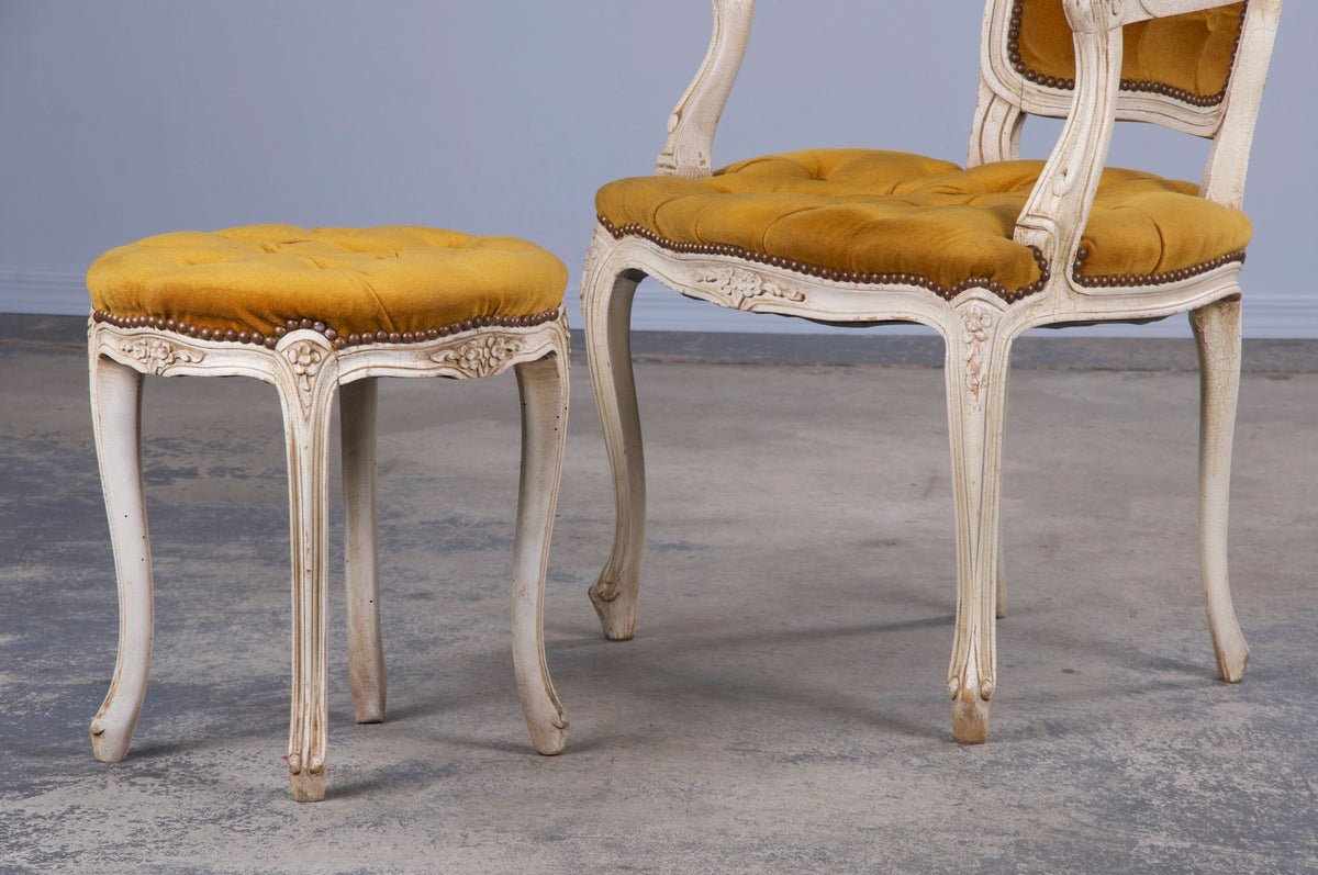 Antique French Louis XV Style Provincial Painted Armchair and Taboret W/ Golden Yellow Buttoned Velvet - A Pair