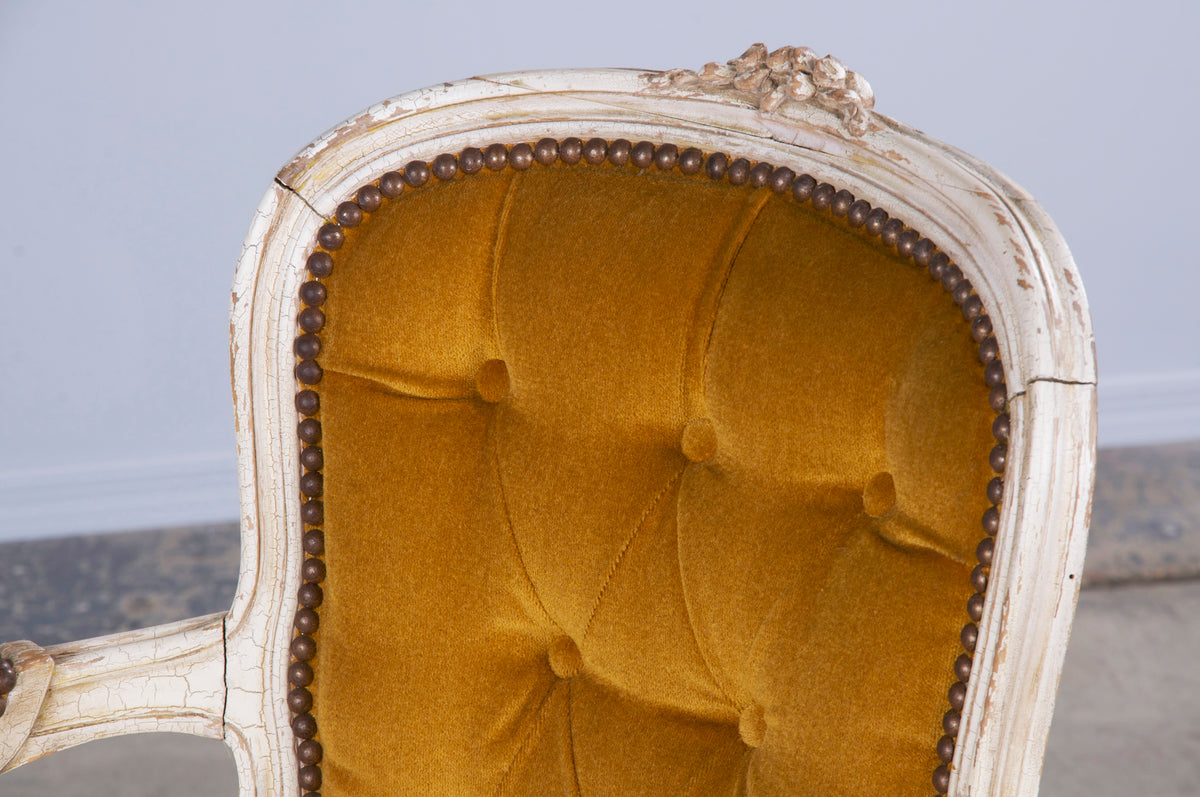 Antique French Louis XV Style Provincial Painted Armchair and Taboret W/ Golden Yellow Buttoned Velvet - A Pair