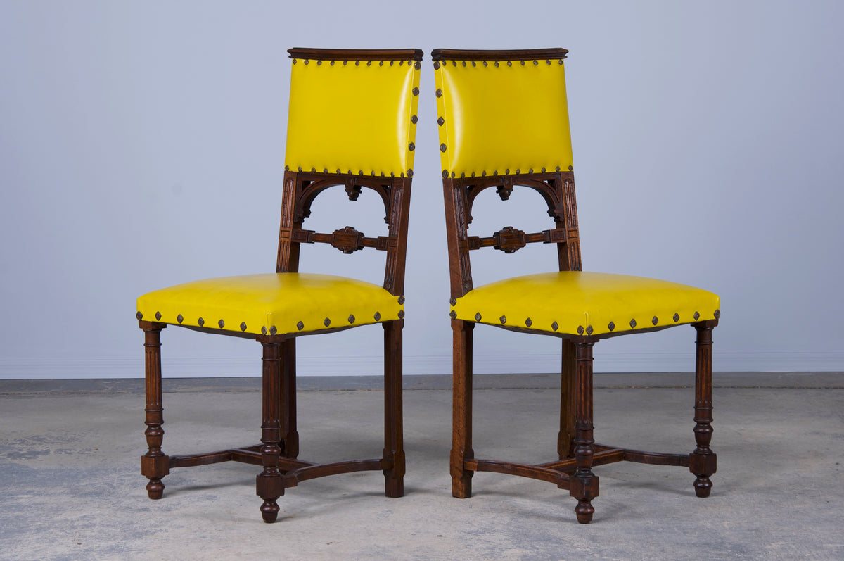 Antique French Henry II Style Walnut Dining Chairs W/ Yellow Vinyl - Set of 6