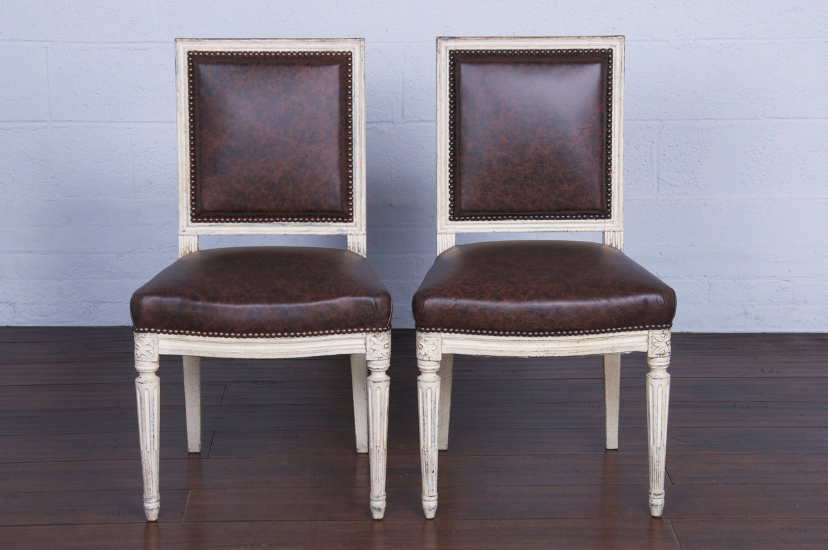 Antique French Louis XVI Style Square Back Painted Provincial Cane Dining Chairs - Set of 12