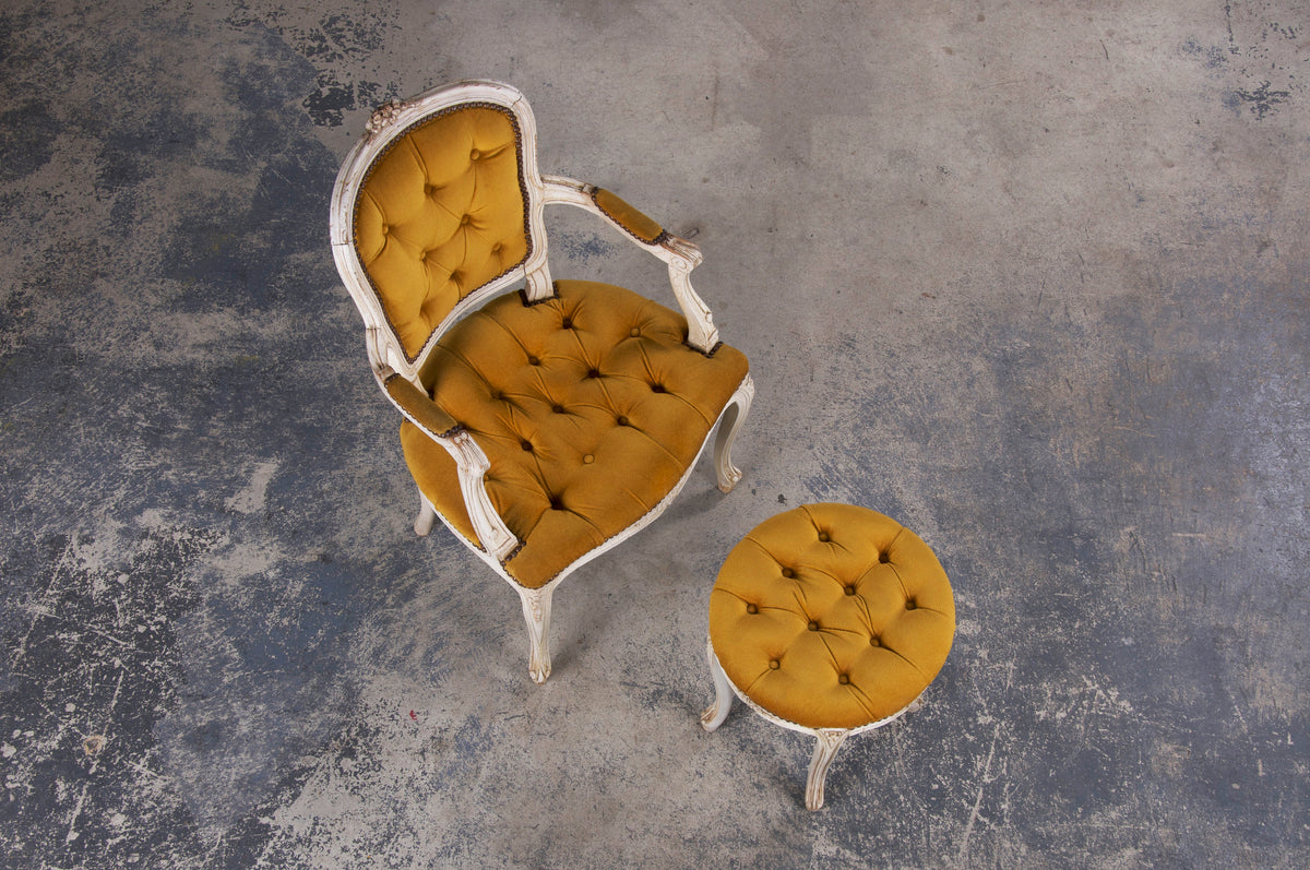 Antique French Louis XV Style Provincial Painted Armchair and Taboret W/ Golden Yellow Buttoned Velvet - A Pair