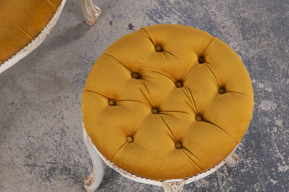 Antique French Louis XV Style Provincial Painted Armchair and Taboret W/ Golden Yellow Buttoned Velvet - A Pair