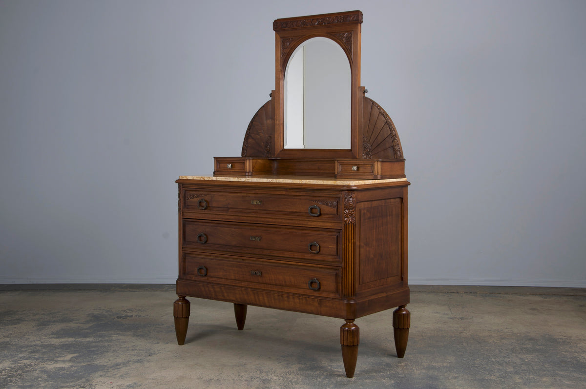 1930s French Art Deco Walnut Dresser W/ Marble Top and Mirror