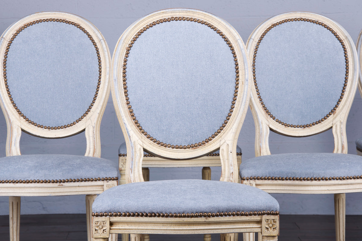Antique French Louis XVI Style Provincial Painted Dining Chairs W/ Dusty Blue Chenille - Set of 6
