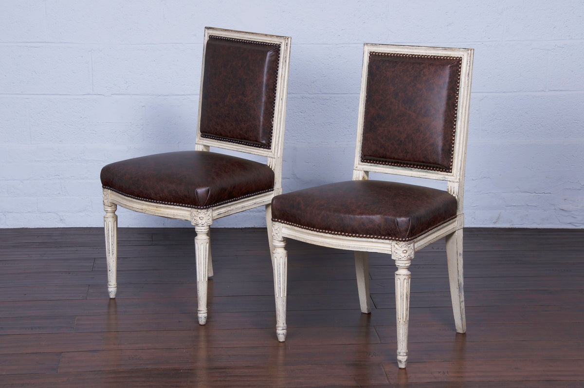 French Maurice Hirsch Louis XVI Style Painted Square Back Dining Chairs W/ Brown Leather - Set of 6 - Signed