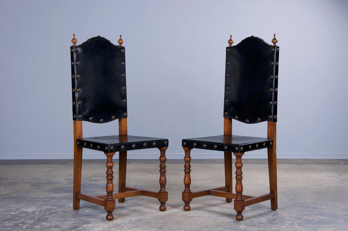 Spanish Baroque Style Black Leather Maple Dining Chairs - Set of 10