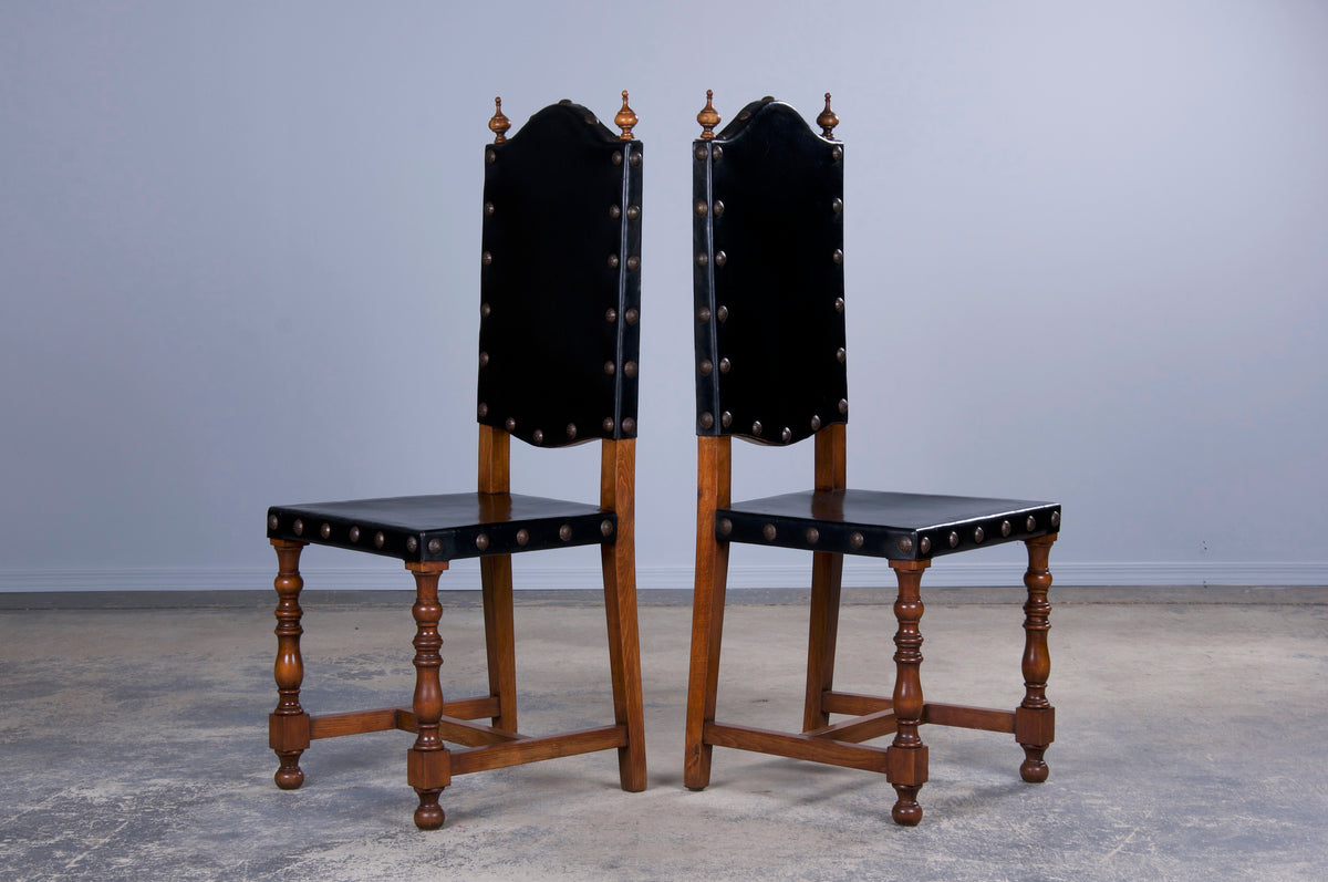 Spanish Baroque Style Black Leather Maple Dining Chairs - Set of 10