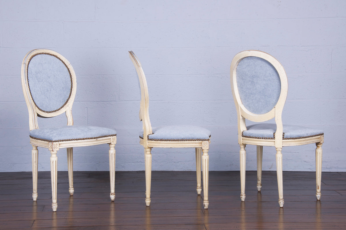 Antique French Louis XVI Style Provincial Painted Dining Chairs W/ Dusty Blue Chenille - Set of 6