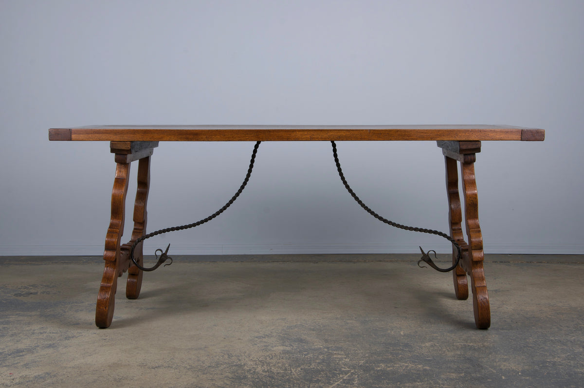 Antique Spanish Baroque Style Oak Dining Table W/ Wrought Iron Stretcher