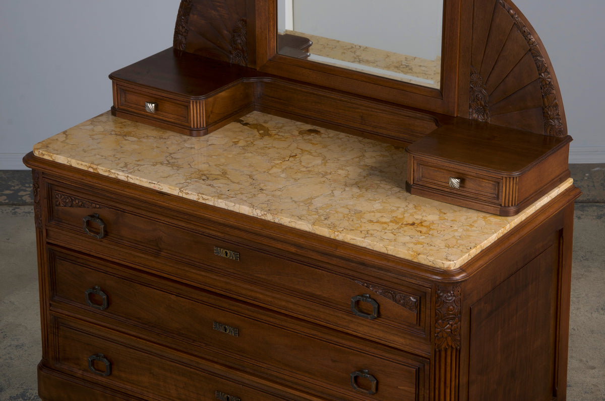 1930s French Art Deco Walnut Dresser W/ Marble Top and Mirror