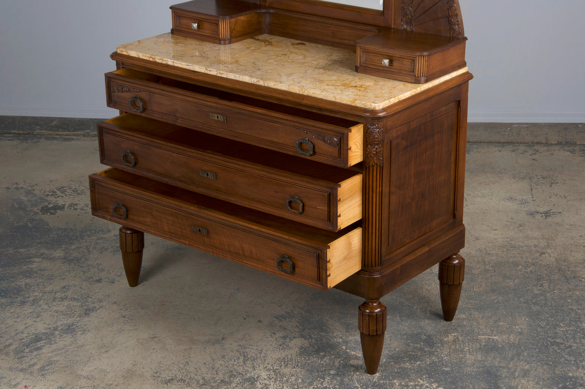 1930s French Art Deco Walnut Dresser W/ Marble Top and Mirror