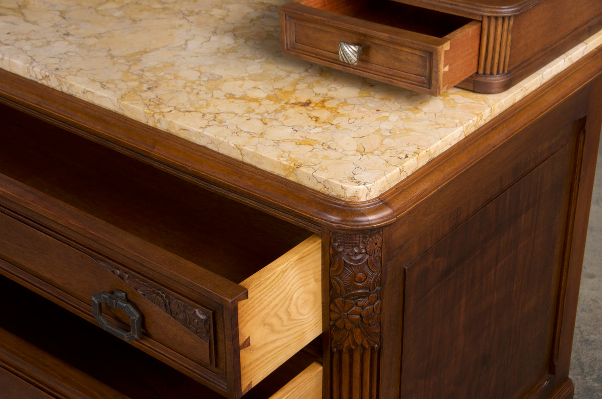 1930s French Art Deco Walnut Dresser W/ Marble Top and Mirror