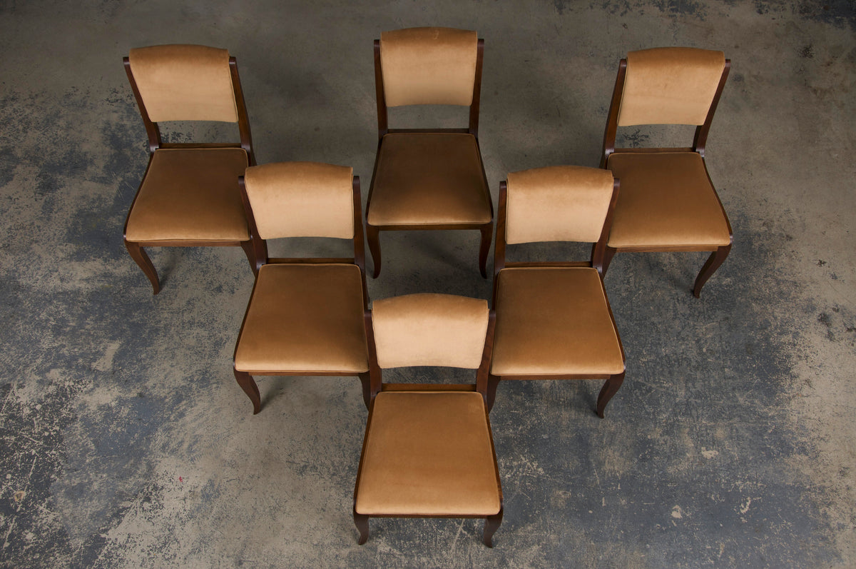 1930s French Art Deco Walnut Dining Chairs W/ Beige Velvet - Set of 6