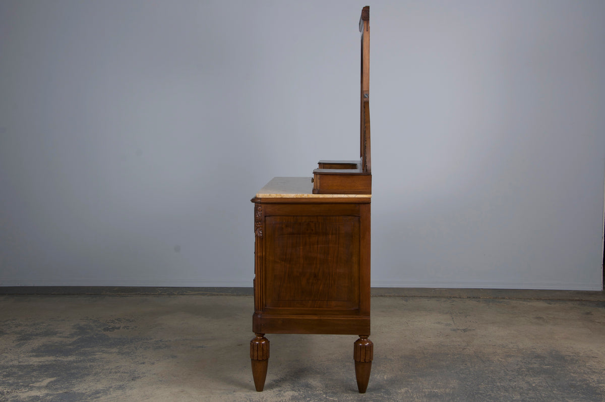 1930s French Art Deco Walnut Dresser W/ Marble Top and Mirror