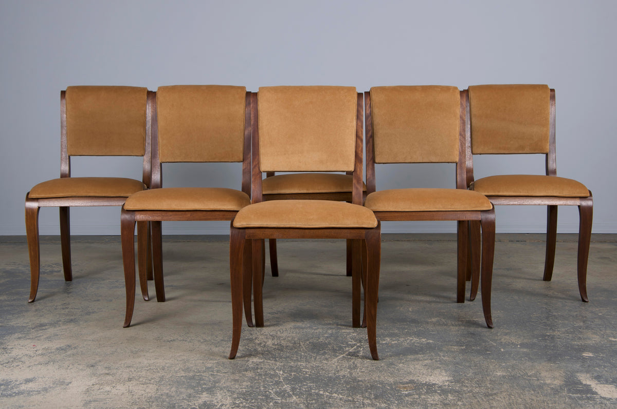 1930s French Art Deco Walnut Dining Chairs W/ Beige Velvet - Set of 6