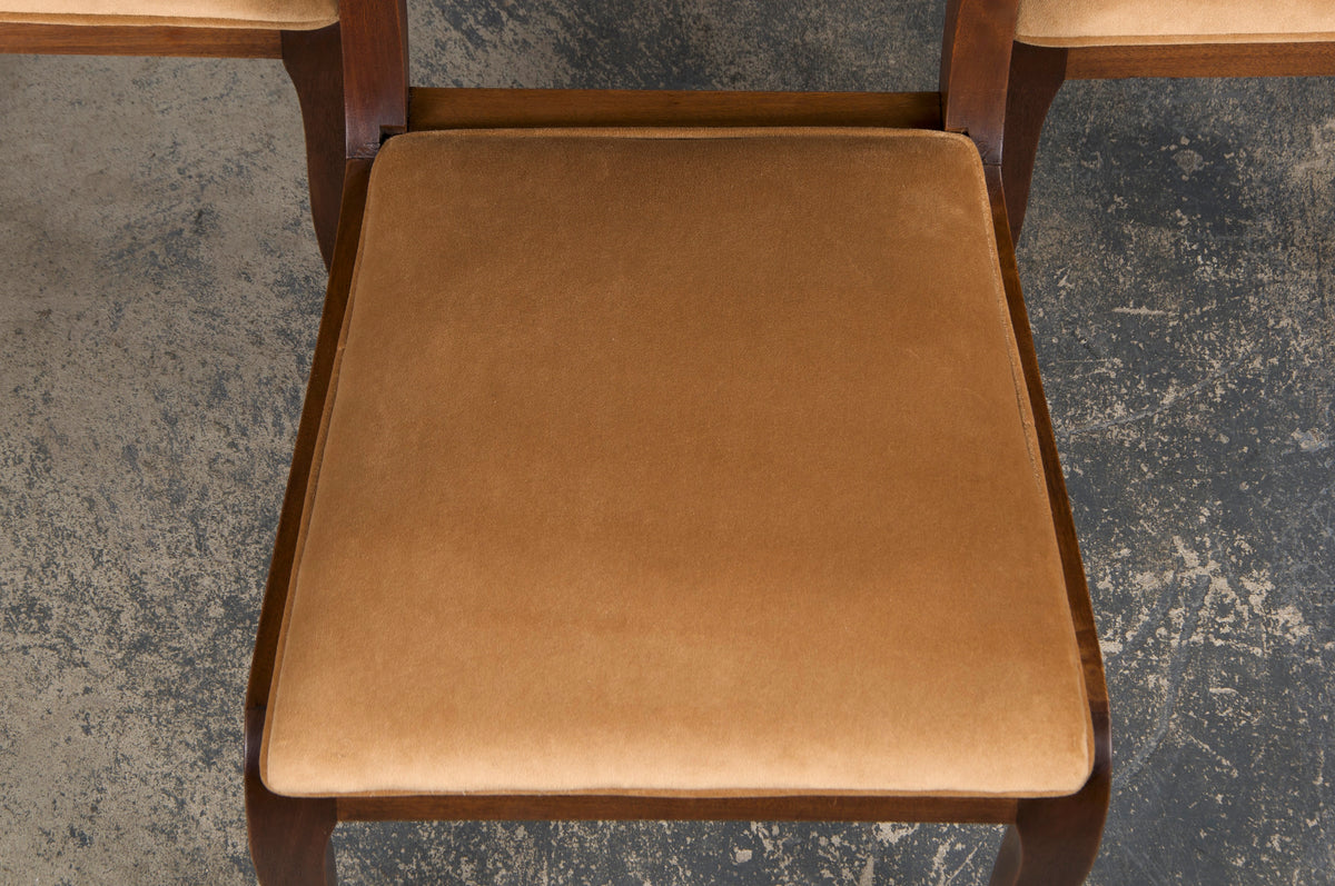 1930s French Art Deco Walnut Dining Chairs W/ Beige Velvet - Set of 6