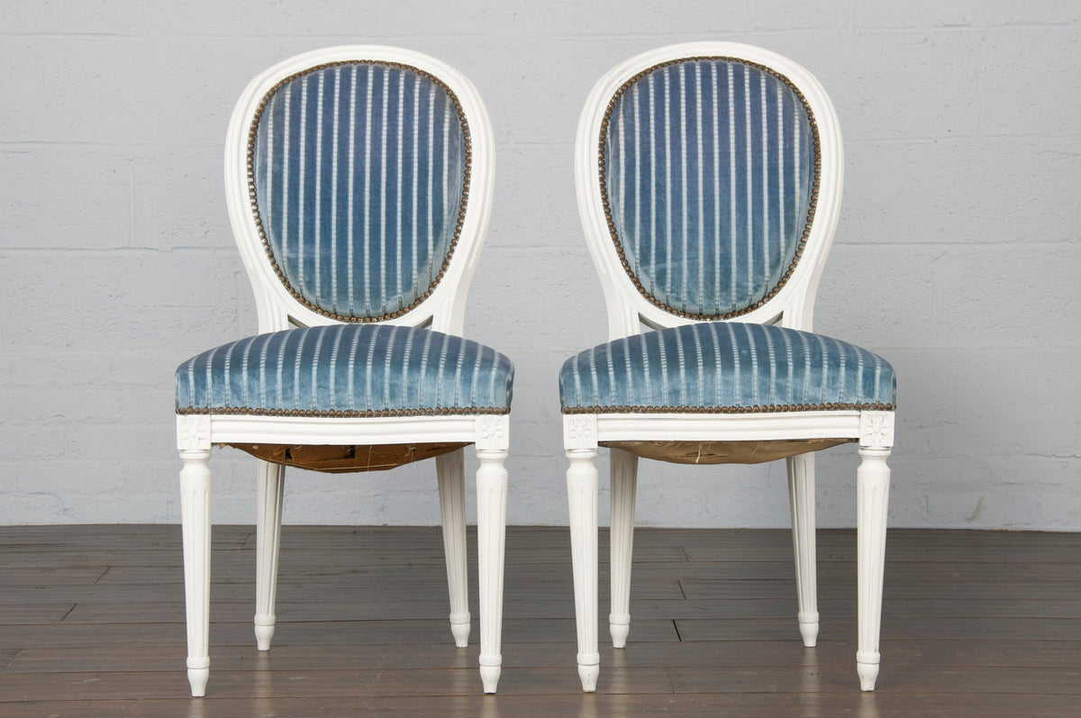 Antique French Louis XVI Style Provincial Painted W/ Striped Blue Velvet Mohair Dining Chairs - Set of 6