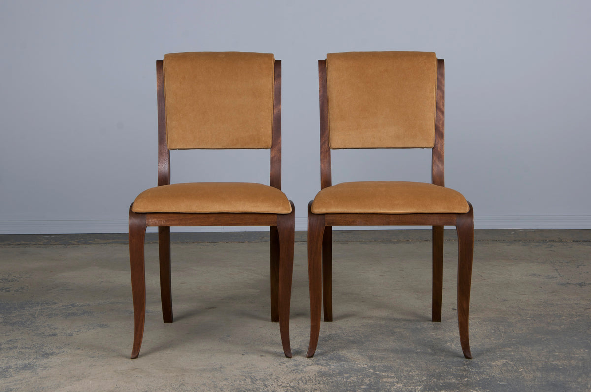 1930s French Art Deco Walnut Dining Chairs W/ Beige Velvet - Set of 6